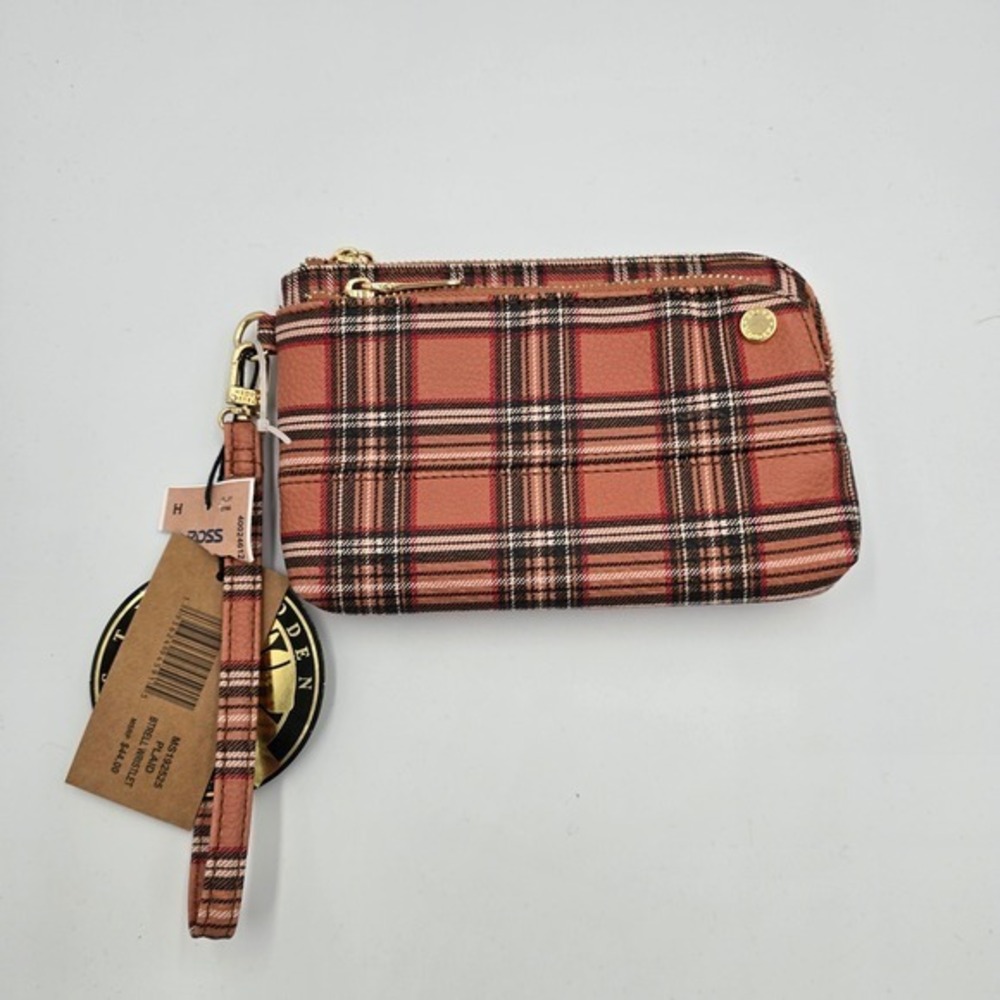 New Steve Madden Plaid Wristlet Small Pouch Zip Around Tan Red Black